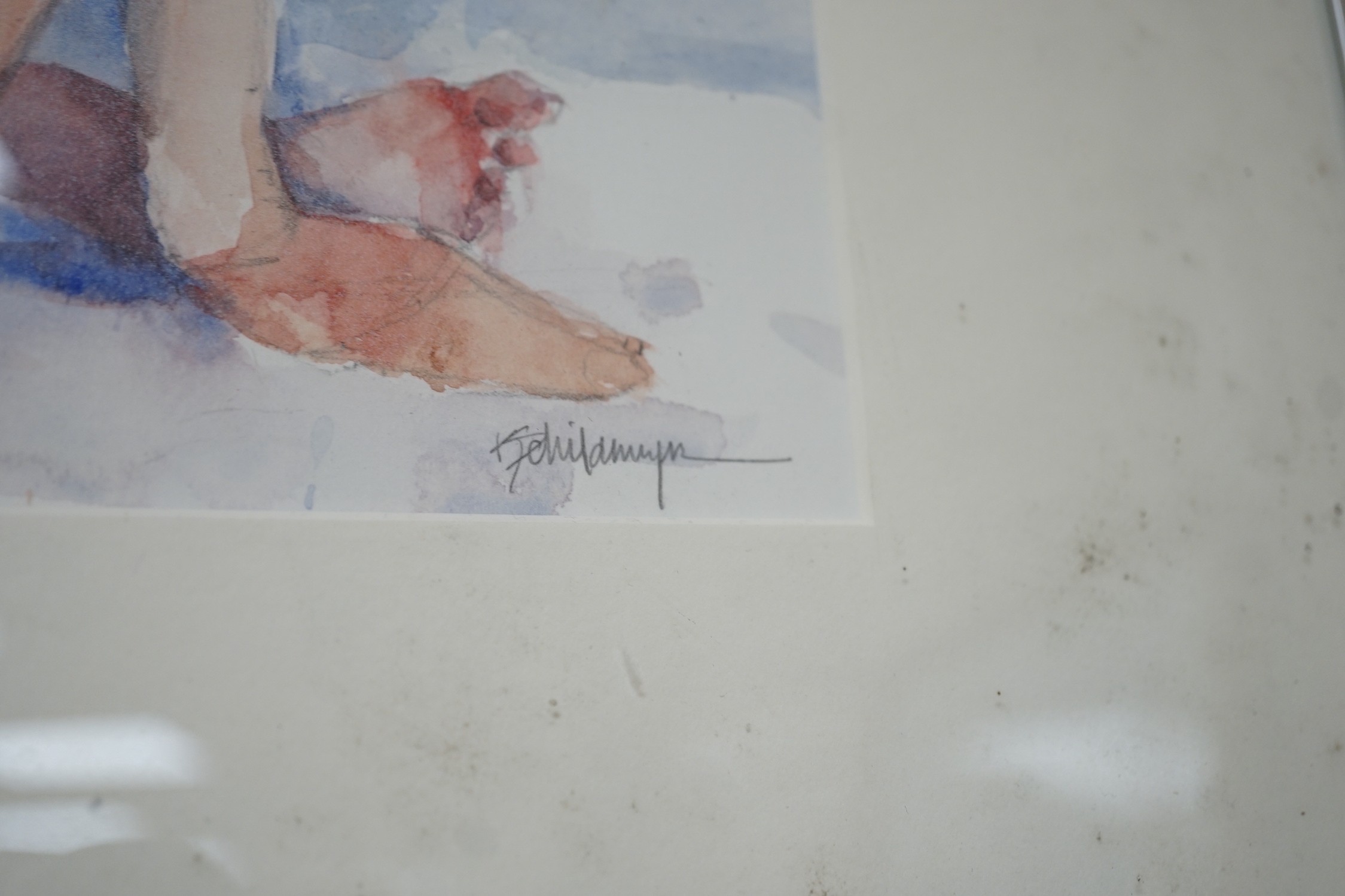 Kathleen Schildmeyer (Contemporary American), watercolour, Seated female nude, signed in pencil, 30 x 23cm